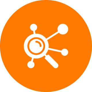 Magnifying glass with connected nodes, orange background.