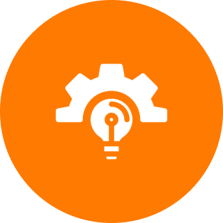 Orange circle with gear and lightbulb icon.
