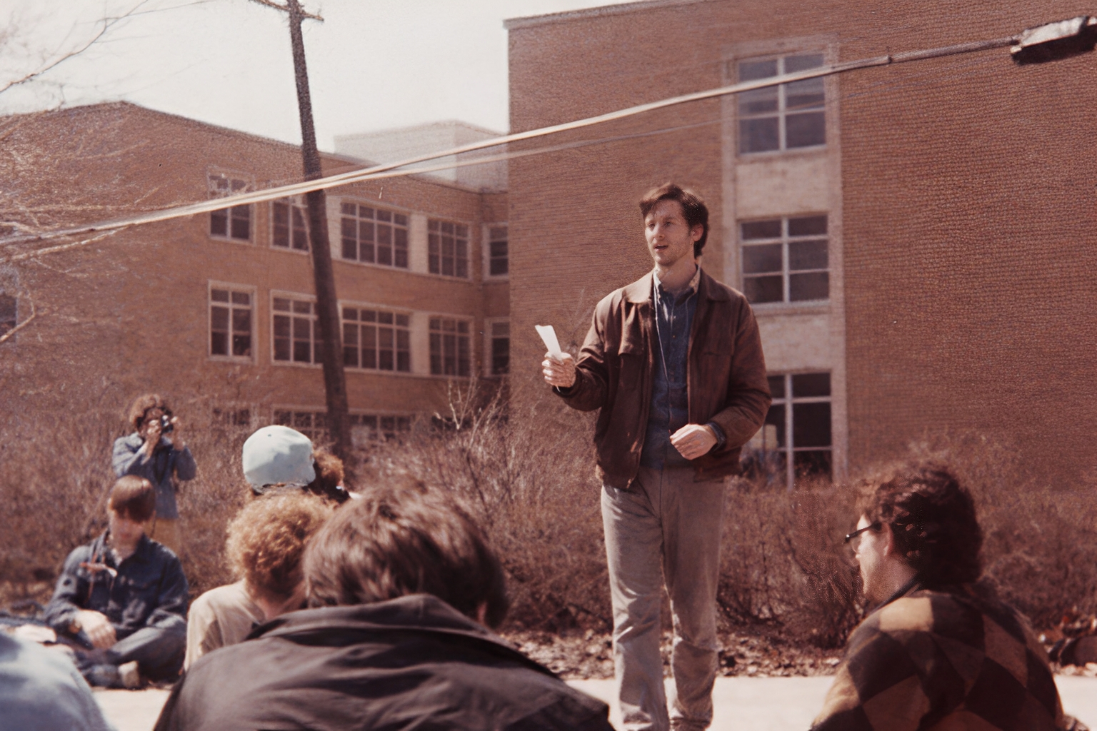 Student discussion on the University of Wisconsin–Madison campus, 1980s
